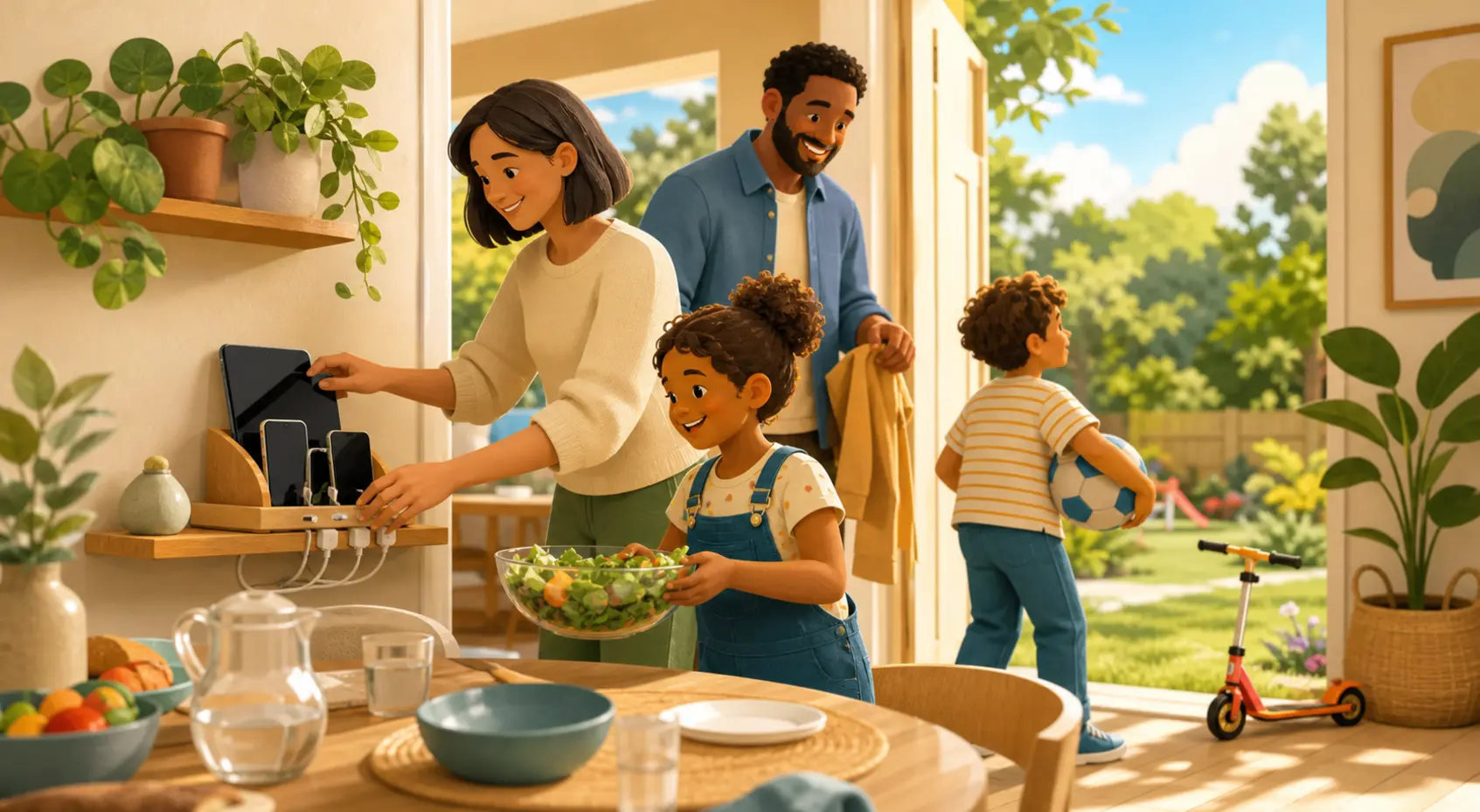 Eine Familie legt Geräte an einer Ladestation ab und wechselt zu Essen und Bewegung im Freien.