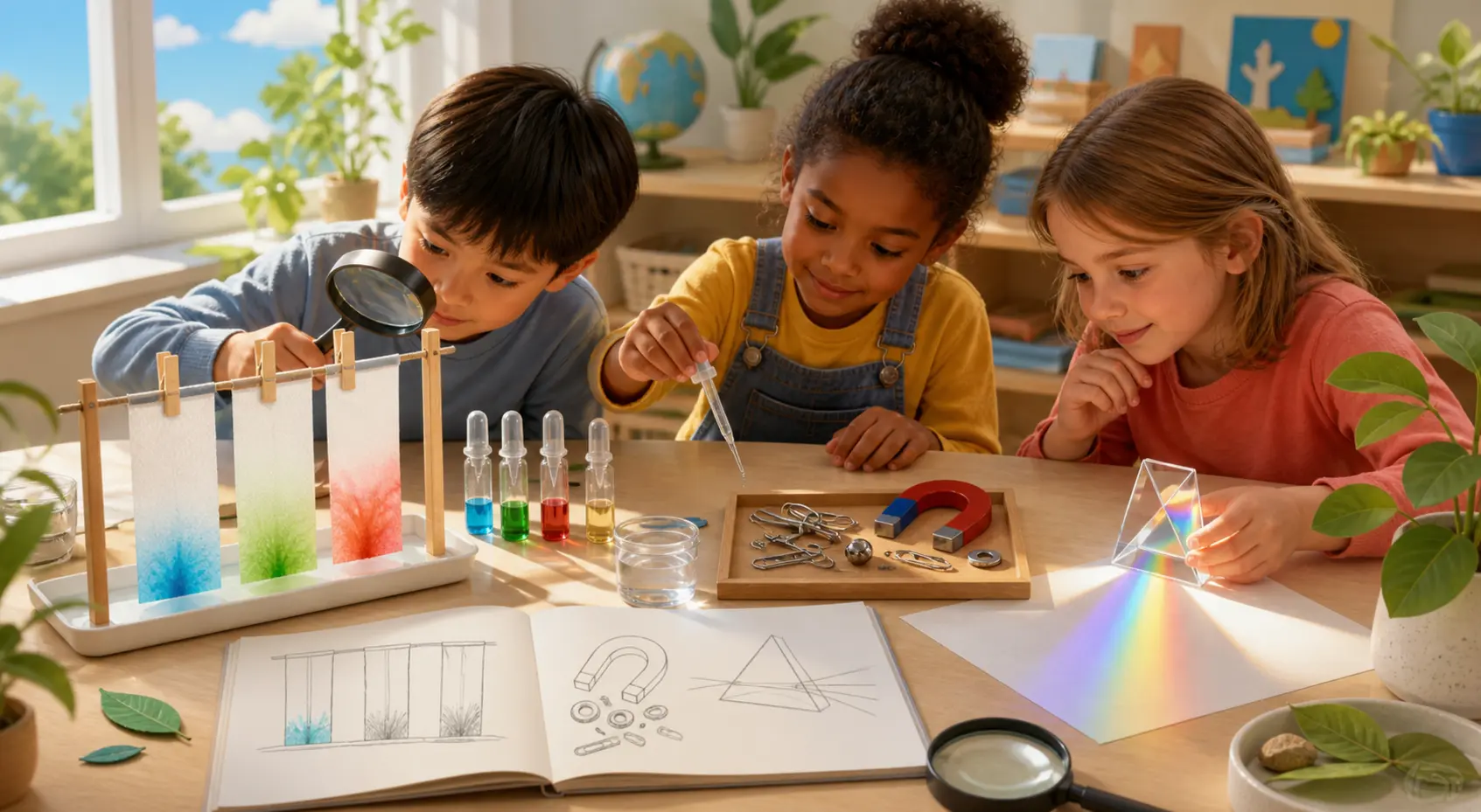 Kinder untersuchen Wassertransport, Magnetismus und Lichtbrechung an einem Forschertisch.
