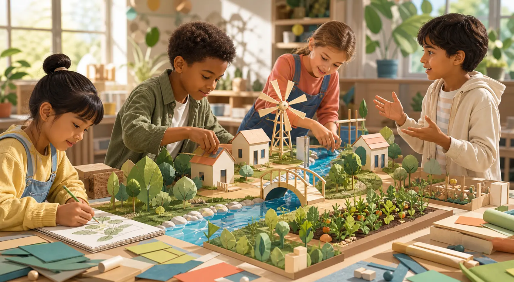 Eine Kindergruppe plant, baut, testet und erklärt gemeinsam ein nachhaltiges Quartiermodell.