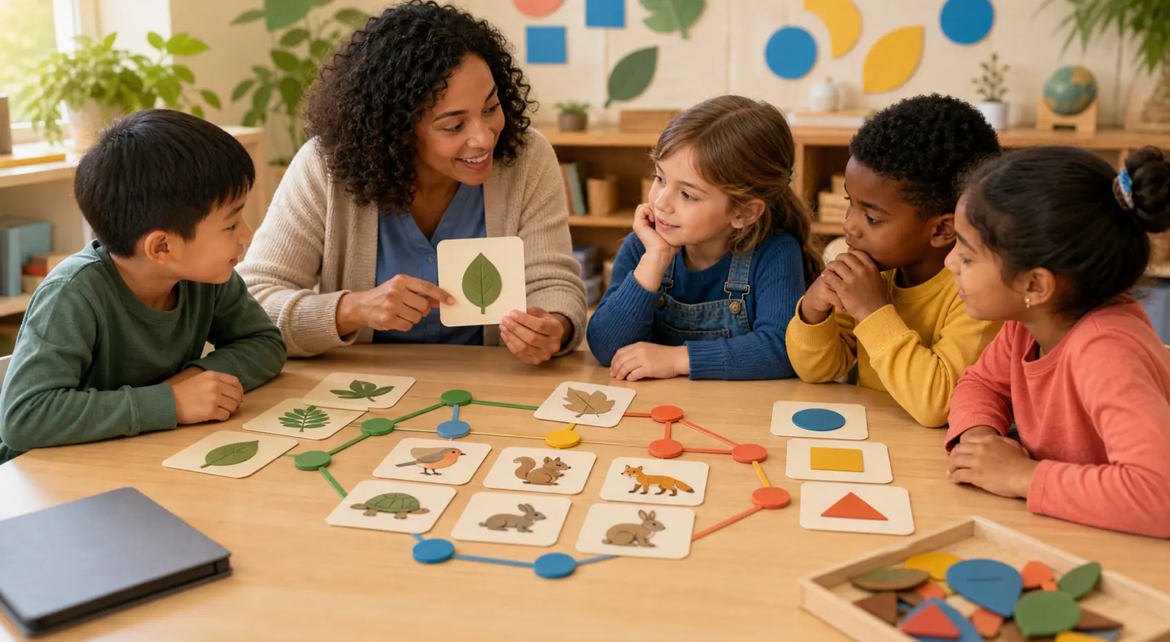 Kinder ordnen Bildkarten und besprechen mit einer Lehrperson mehrdeutige Muster und Kategorien.