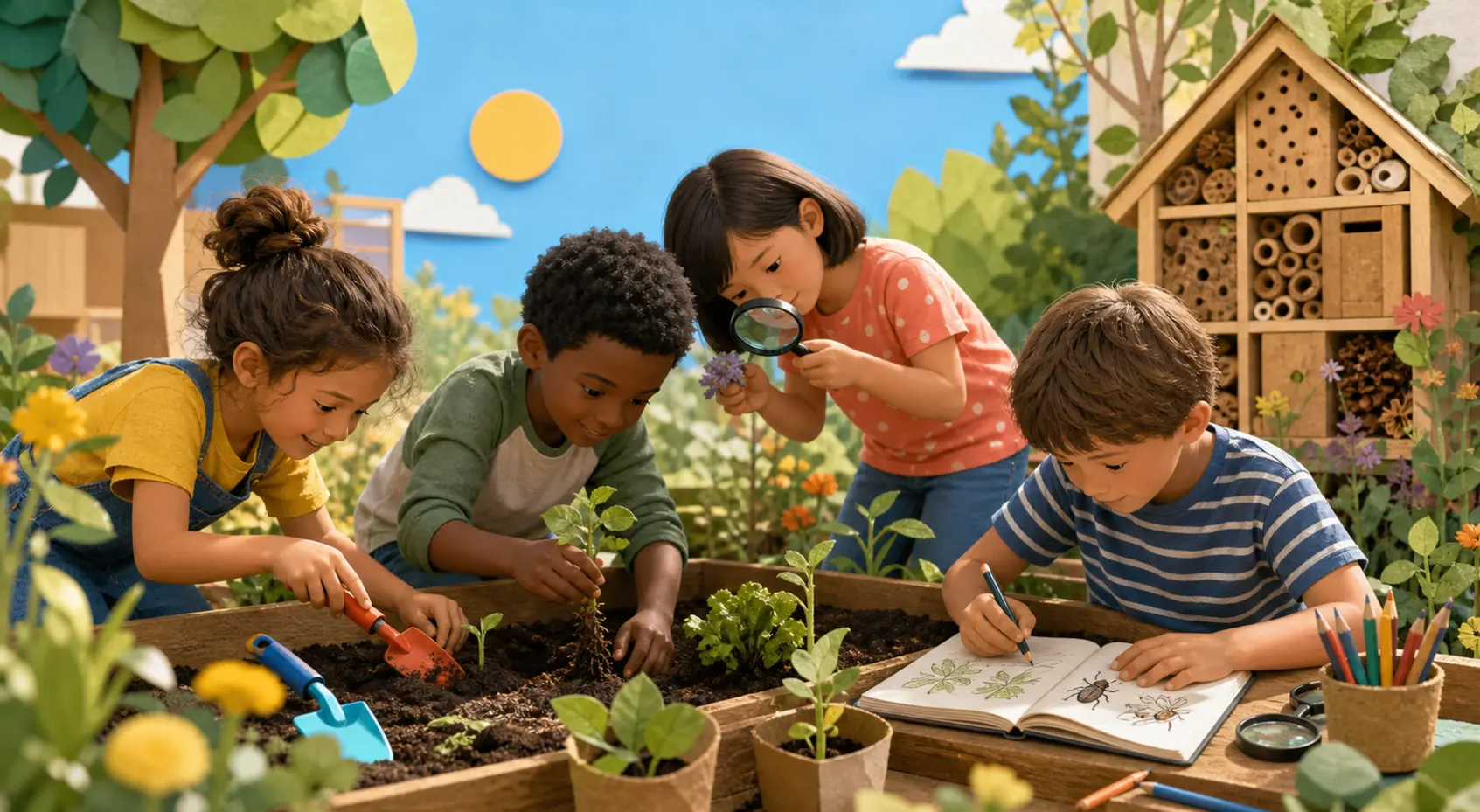 Kinder pflanzen, beobachten und dokumentieren gemeinsam in einem Schulgarten mit Insektenhotel.