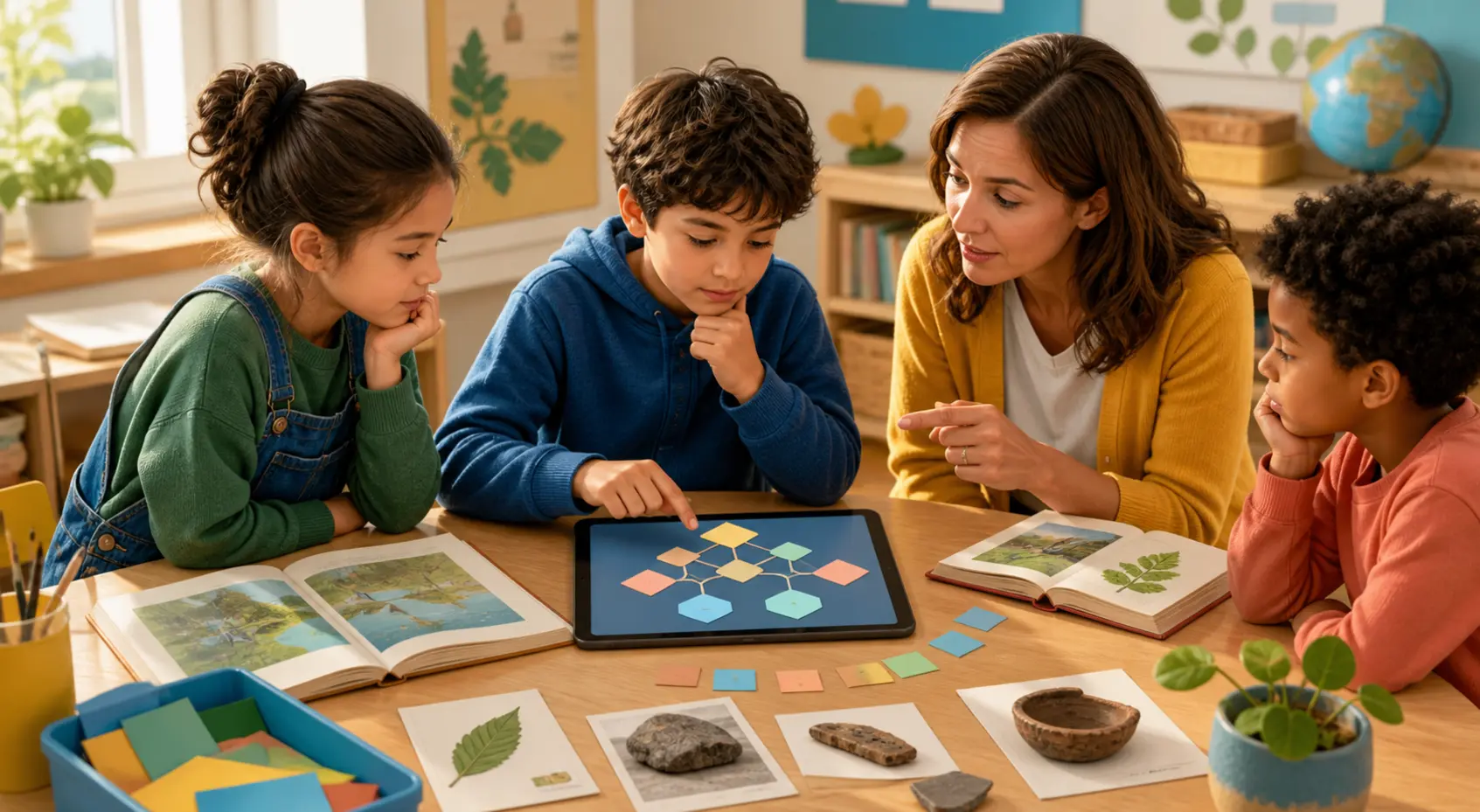 Kinder prüfen einen digitalen Vorschlag gemeinsam mit einer Lehrperson anhand von Büchern und Materialkarten.