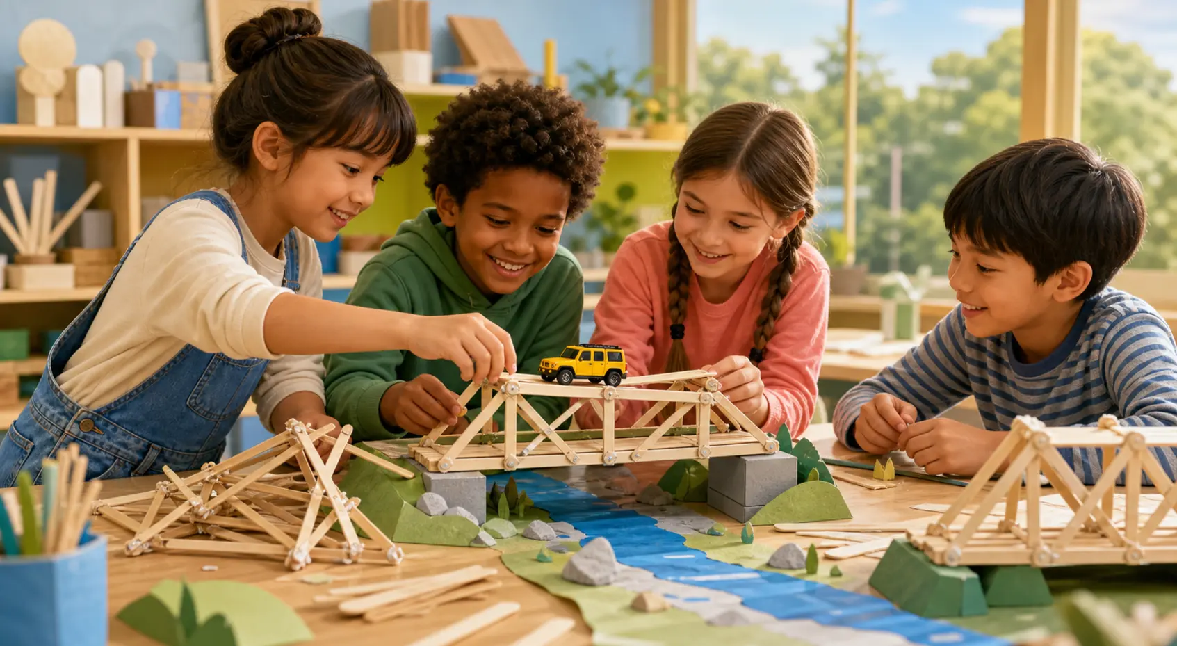 Kinder testen nach mehreren Entwürfen gemeinsam eine verbesserte Brücke aus Holzstäbchen.