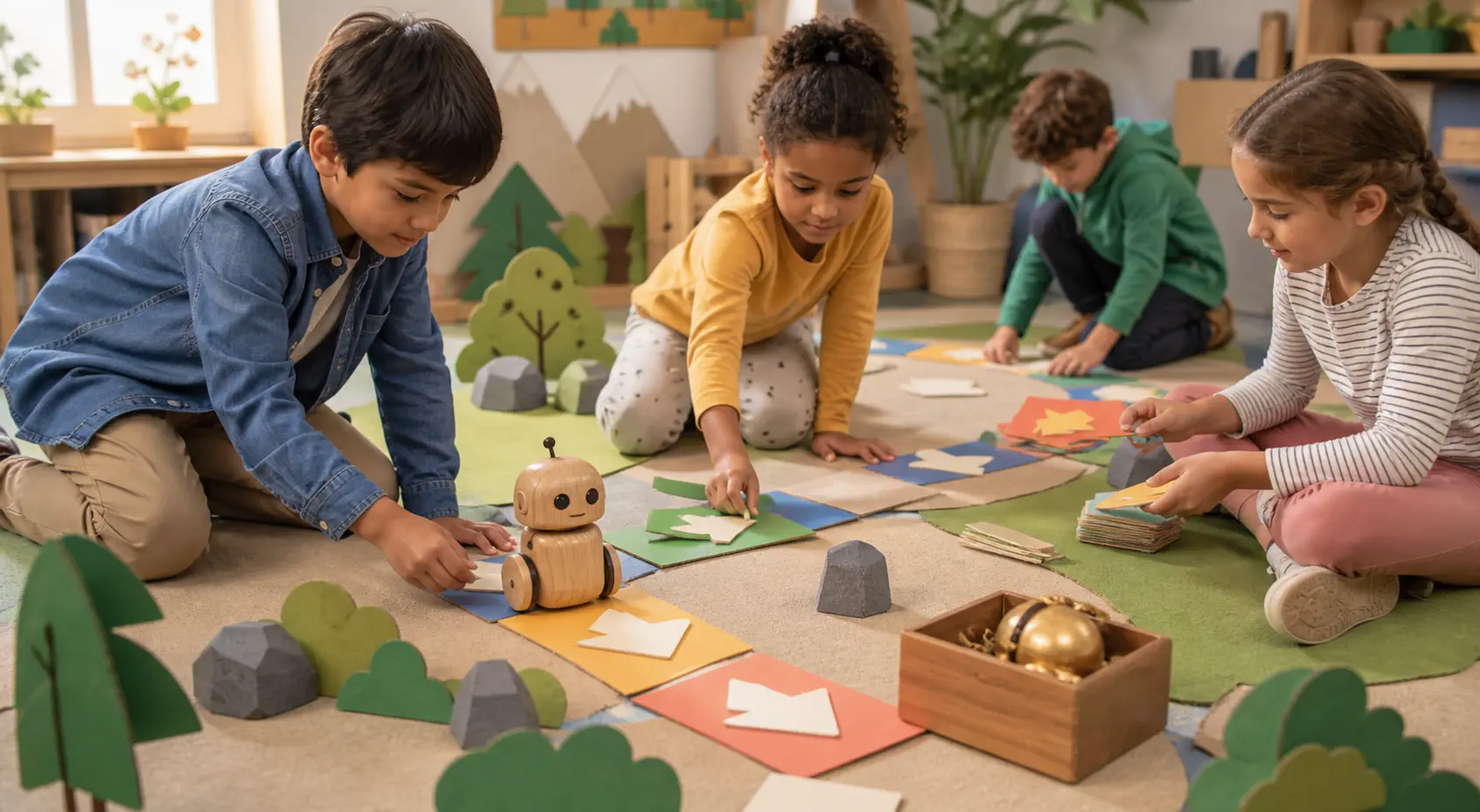 Kinder planen mit Pfeilkarten einen Weg für einen kleinen Holzroboter durch einen Parcours.
