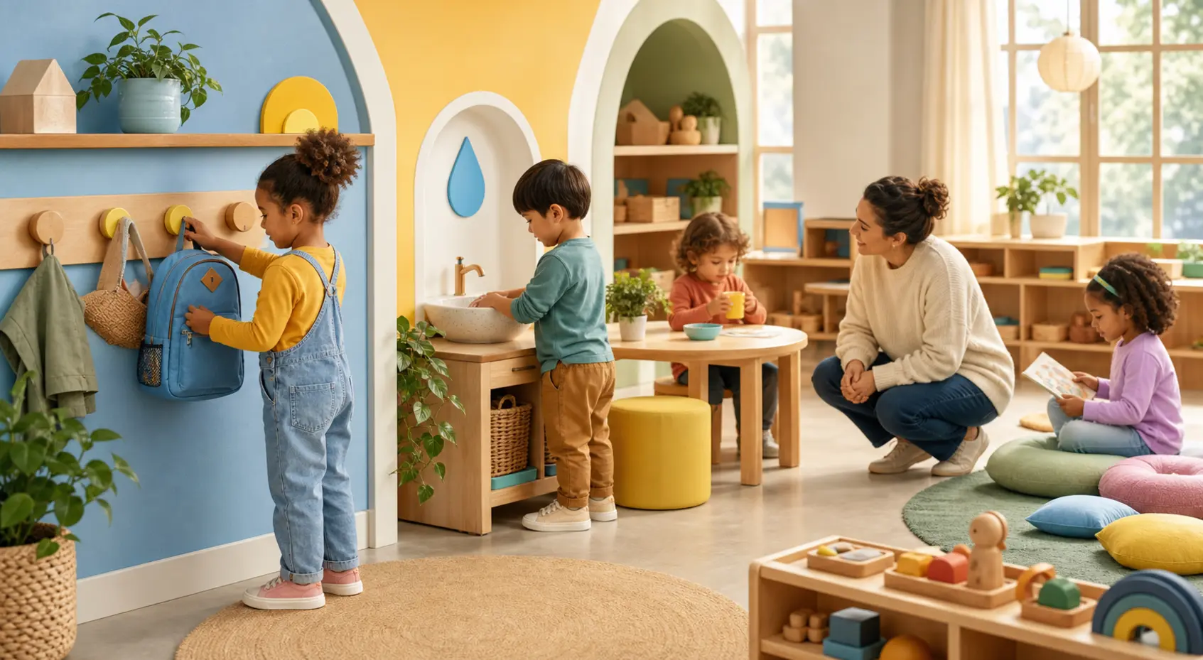 Kinder durchlaufen gemeinsam mit einer Betreuungsperson vertraute Stationen ihres Kita-Alltags.
