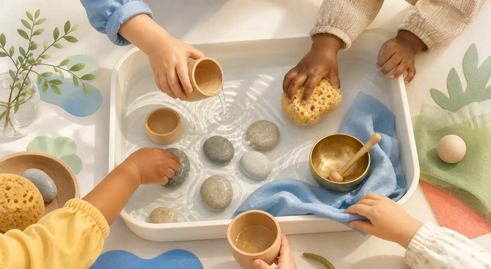 Kinderhände erkunden Wasser, Holzbecher, Schwämme, Steine, Stoff und eine Klangschale.